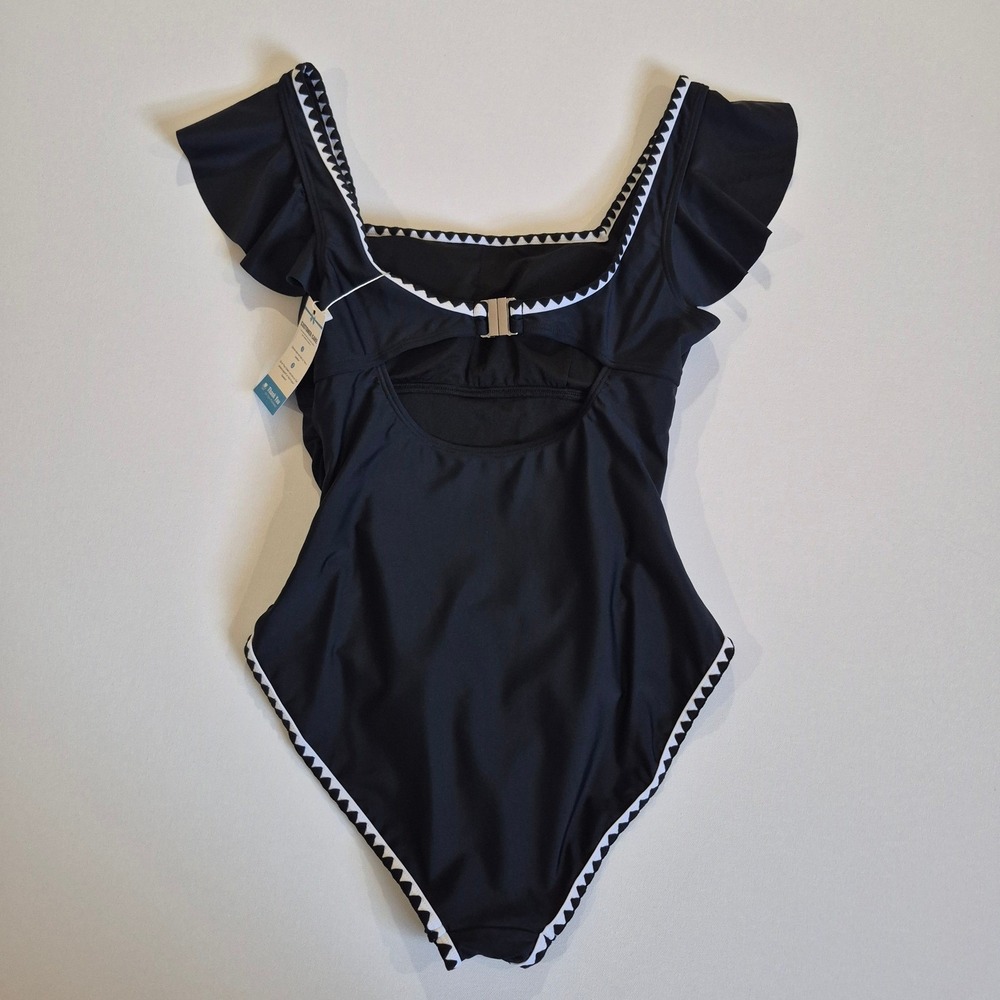 Sunshine One Piece Tummy Control Swimsuit Black Rickrack Ruffle Sleeve Ruching - Picture 5 of 9